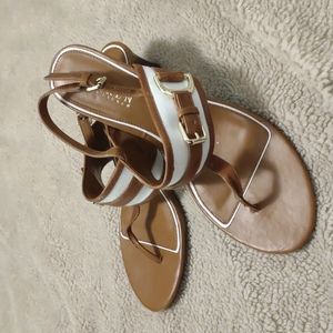 Ralph Lauren leather 7.5 B with 2 inch kitten heel brown & white sandals